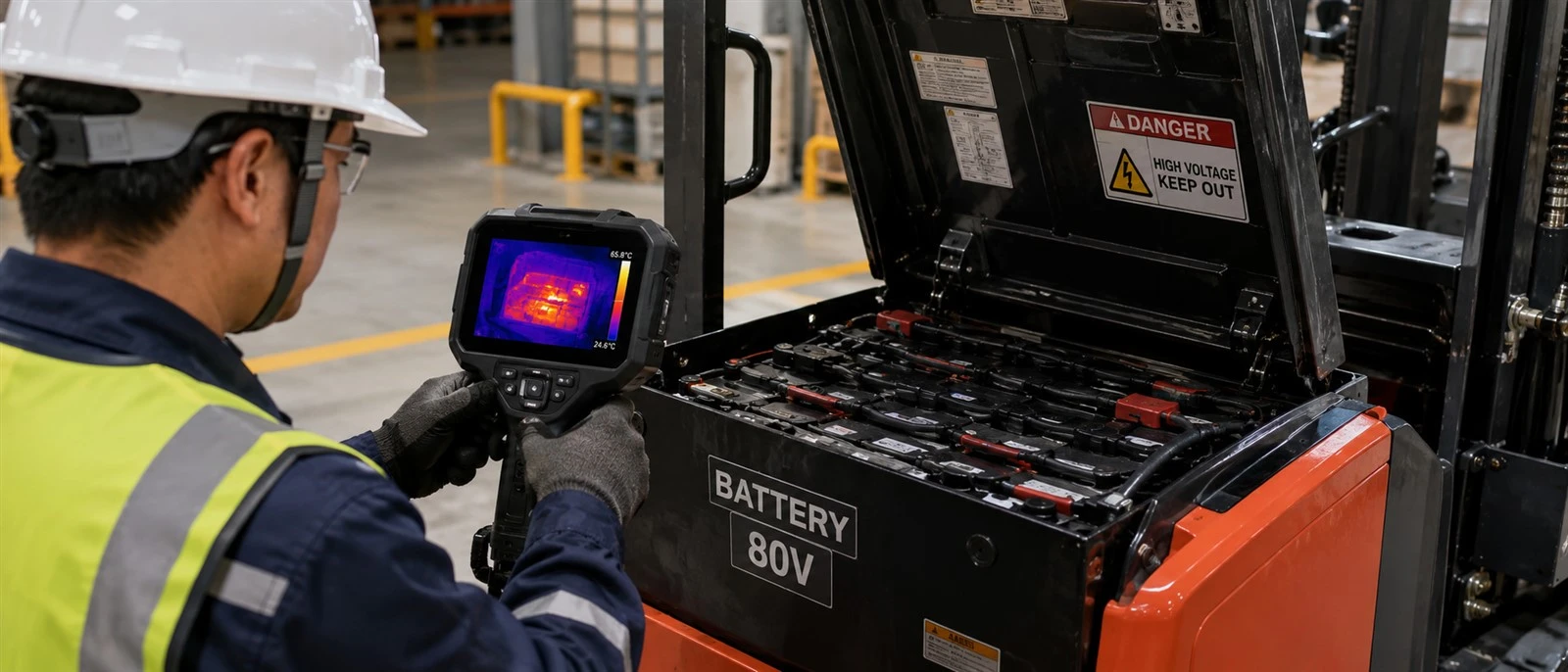 Safety professional conducting thermal imaging inspection on industrial forklift battery to detect hot spots Safety professional conducting thermal imaging inspection on industrial forklift battery to detect hot spots